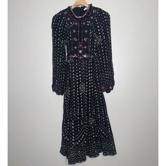 Sea New York Embroidered Maja Long Sleeve Dress Black Burgundy XS Boho Chic - Picture 3 of 11